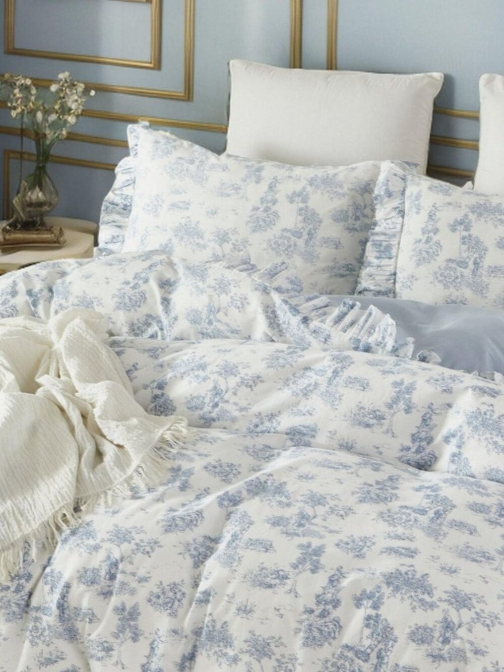French Country Toile Duvet Cover Set Twin Size for Girls Bedroom Vintage Blue